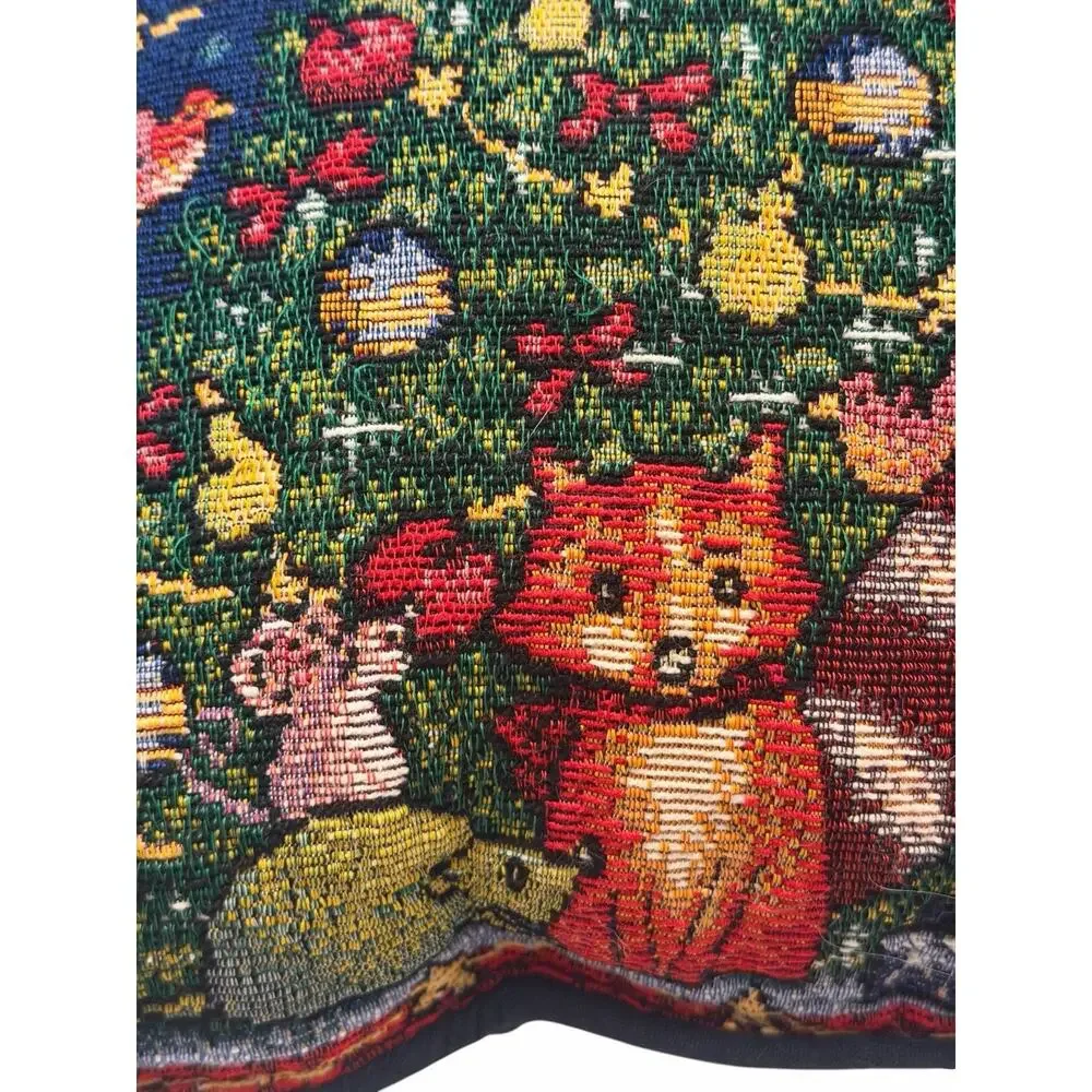 Vintage Christmas Tree Woodland Creatures Tapestry Pillow 18” Blue 3648-21